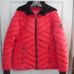 Very Nice/New Looking Ladies NAUTICA Red & Black Coat w/Fur Hood Size L